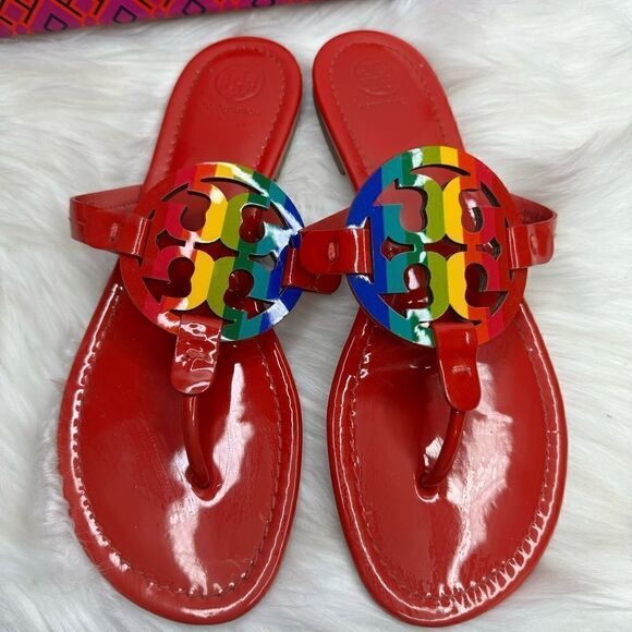 Tory Burch Bright Rainbow Ruby Red Miller Sandals 9 - Picture 2 of 9